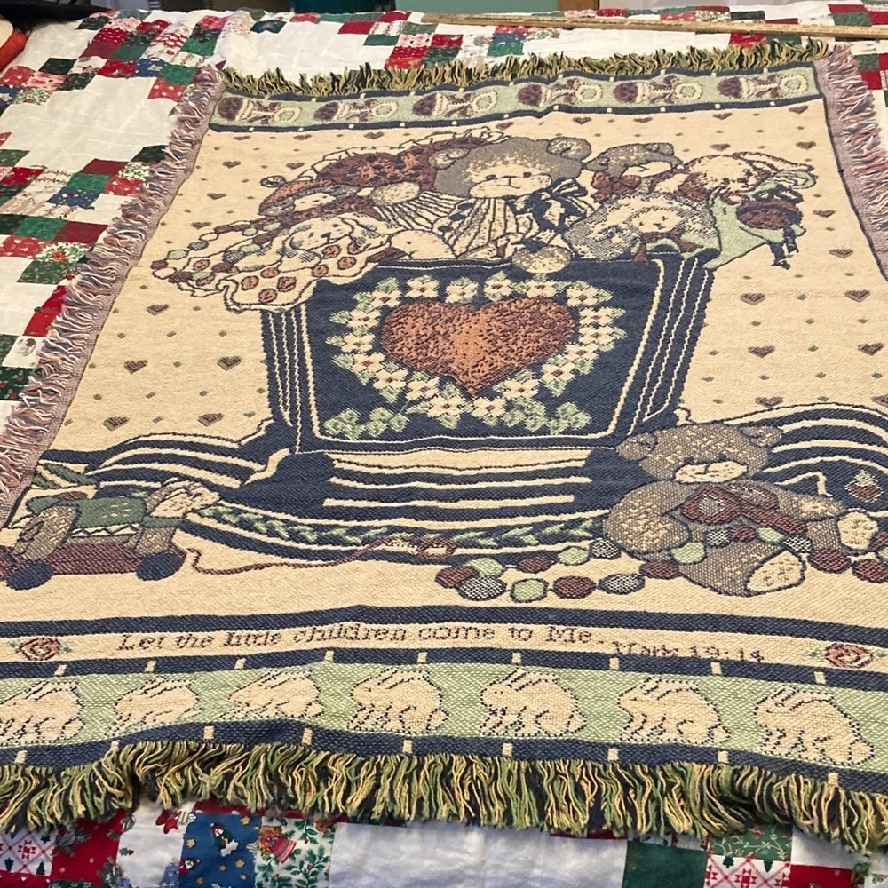 Lucy Rigg baby blanket “Let the little children come to me” woven tapestry 1992
